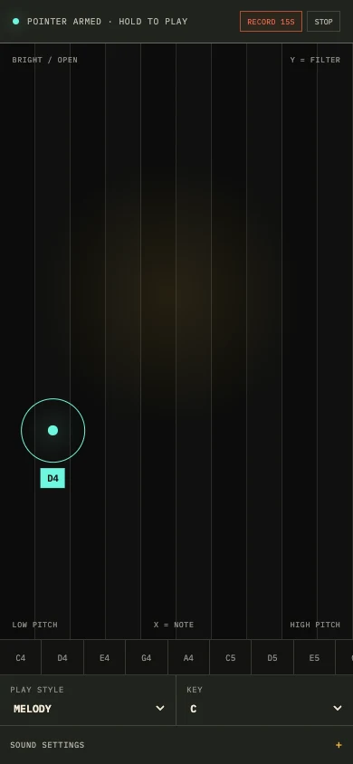 Narrow-screen Gesture Synth touch-emulation interface showing the playing area, Record 15s control and Stop session button.