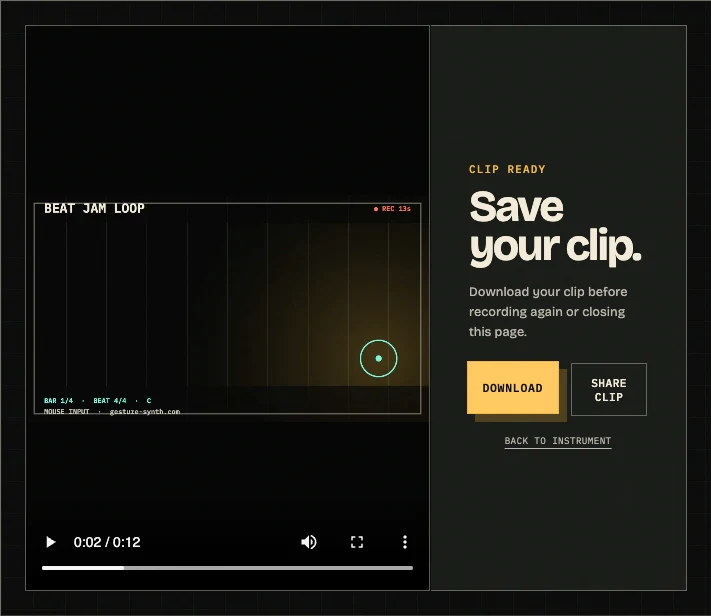 Gesture Synth completed recording panel with the clip preview and Download control for saving the performance locally.